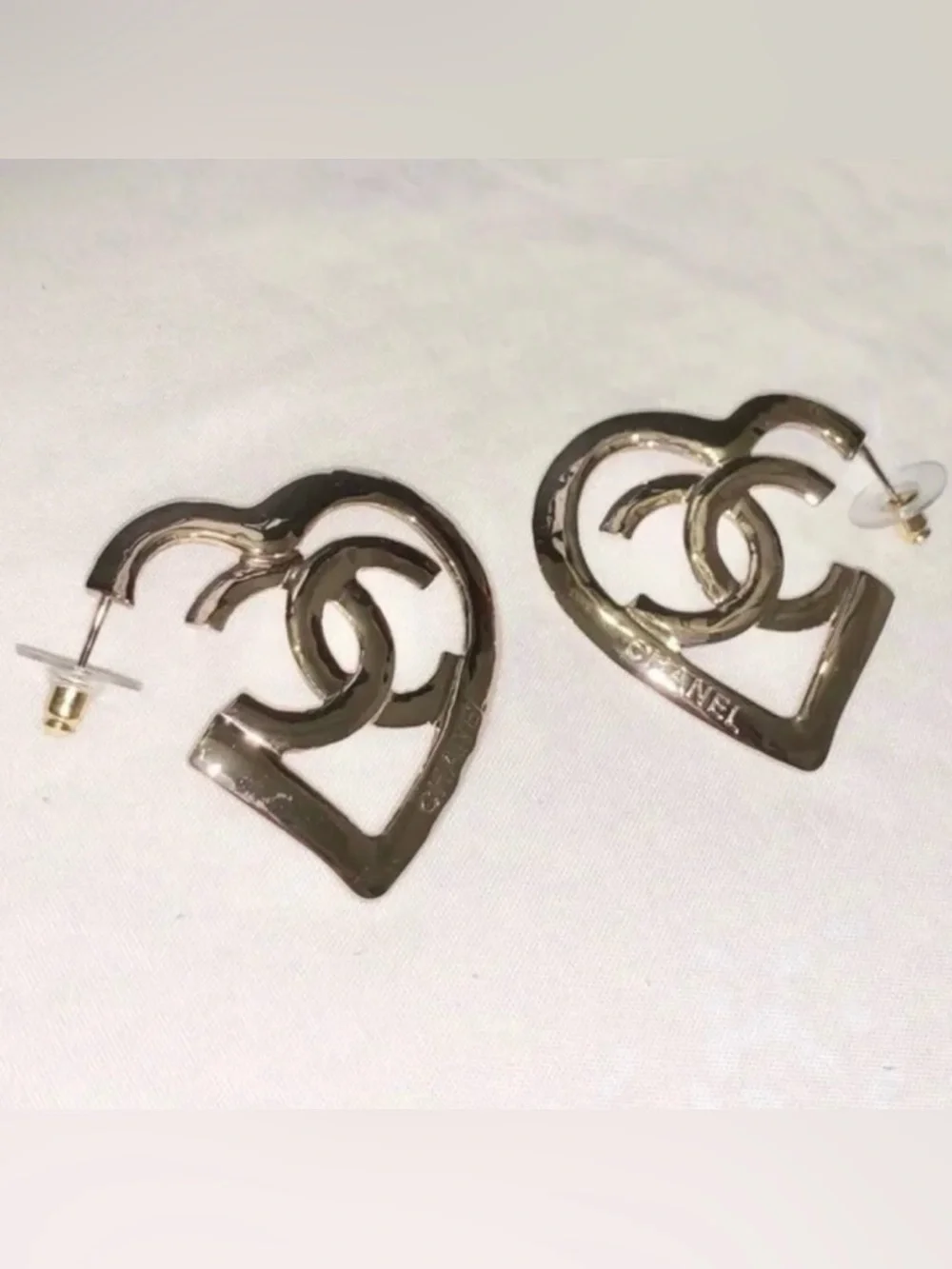 Chanel Gold-tone CC Logo Statement Large Heart Dangle Drop Earrings